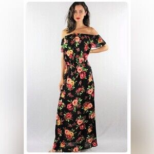 Off Shoulder Black Red Floral Long Maxi Dress With Front Slit Size Medium